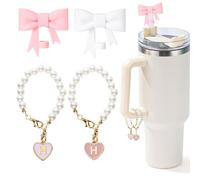 LUHOHI Lot de 2 décorations de paille Stanley avec nœud rose - Chaînes à perles pour tasse Stanley - Breloques initiales avec 2 couvercles de paille pour bouteille d'eau, bijoux, gobelets, décoration