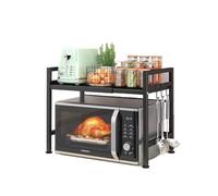 LUHWYJA Étagères de Four à Micro-Ondes, Support Extensible, Organisateur Rangement Cuisine avec 6 Crochets (2 Niveaux, Noir)