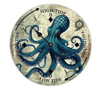 LUIJORGY - Horloge de plage vintage Ocean Octopus - Horloge en bois océanique marémotrice - Horloge de marée haute et basse - Mouvement de marée pour plage, bord de mer, maison, cottage, hôtel