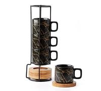 LUKA Lot de 4 tasses à expresso en porcelaine avec soucoupe et support en métal, empilables en céramique, pour latte, café, moka, thé - 118 ml