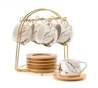 LUKA Lot de 6 petites tasses à expresso en céramique avec soucoupes et support en métal - Tasses demi-tasses en porcelaine pour double expresso, thé, blanc marbré - 118 ml