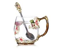Luka Tech fait à la main en émail papillon fleur en verre tasses à café tasse à thé avec cuillère, idee cadeau femme Couple amis saint valentin anniversaire maman Noël fête des mères- Rouge (rouge)