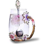 Luka Tech fait à la main en émail papillon fleur en verre tasses à café tasse à thé avec cuillère, idee cadeau femme Couple amis saint valentin anniversaire maman Noël fête des mères- Rouge