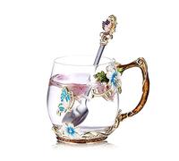Luka Tech fait à la main en émail papillon fleur en verre tasses avec cuillère, idee cadeau femme Couple amis saint valentin anniversaire maman Noël fête des mères- Rouge (bleu)