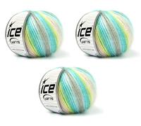 Lukche Ice Yarns Picasso Lot de 3 pelotes de fil à tricoter et à crocheter à la main, 44 % acrylique, 56 % polyester (3 x 50 g, 3 x 115 m), jaune, rose layette et turquoise