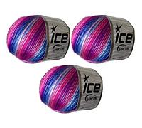 Lukche Picasso Lot de 3 pelotes de fil à tricoter et à crocheter à la main, 44 % acrylique, 56 % polyester (3 x 50 g, 3 x 115 m), bleu-violette, rose, violet, fuchsia