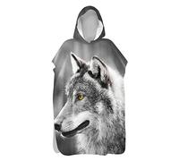 Lukery Serviettes Poncho de Plage, Séchage Rapide Surf Poncho Robe de Bain avec Capuche pour Adultes Enfant, Serviette à Changement Motif Animaux 3D (Loup,75x145cm)