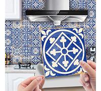 Lukery Stickers Carrelage Cuisine, 24 PCS Stickers Muraux Modèle Rétro Stickers Cuisine Sol, Autocollant Mural pour Salon Salle de Bains Maison Auto-Adhésif (Motif Bleu Foncé,15x15cm)