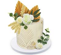 Lukinuo Lot de 16 décorations de gâteau bohème,Fleurs dorées,Décoration de gâteau,Rose blanche,Oeillet d'eucalyptus,Feuilles de saule,Pour anniversaire,Mariage,Mariée,Fête prénatale