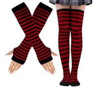 LUKIUP Chaussettes Hautes Rayées, Chaussettes Longues Rayées Gants Longs Rayés pour Femmes Filles, Ensemble de mitaines hautes, ensemble de gants sans doigts pour soutien de fête de carnaval