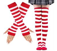 LUKIUP Chaussettes Hautes Rayées, Chaussettes Longues Rayées Gants Longs Rayés pour Femmes Filles, Ensemble de mitaines hautes, ensemble de gants sans doigts pour soutien de fête de carnaval