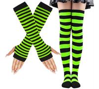 LUKIUP Chaussettes Hautes Rayées, Chaussettes Longues Rayées Gants Longs Rayés pour Femmes Filles, Ensemble de mitaines hautes, ensemble de gants sans doigts pour soutien de fête de carnaval