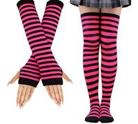 LUKIUP Chaussettes Hautes Rayées, Chaussettes Longues Rayées Gants Longs Rayés pour Femmes Filles, Ensemble de mitaines hautes, ensemble de gants sans doigts pour soutien de fête de carnaval