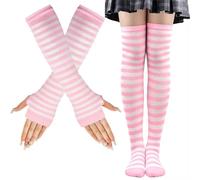 LUKIUP Chaussettes Hautes Rayées, Chaussettes Longues Rayées Gants Longs Rayés pour Femmes Filles, Ensemble de mitaines hautes, ensemble de gants sans doigts pour soutien de fête de carnaval