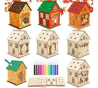 LUKIUP Lot de 7 Maison en Bois à Peindre sur le Thème, Kits de Loisirs Créatifs avec 12 stylos aquarelle, Bricolage Automne Enfant Artisanat set Automne Enfant, Bricolage Halloween