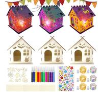 LUKIUP Maison de Halloween Crafts en Bois, 6PCS Kit Activités Manuelles Halloween, Bricolage Automne en Bois, Contient 12 Feutres Aquarelles, 6 Guirlandes Lumineuses, DIY Deco Halloween