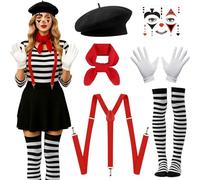 LUKIUP Mime Déguisement, 6 Pièces Costume Mime, Accessoire Mime Déguisement, Convient aux Femmes et aux Filles, Halloween, Carnaval, Fête Déguisée