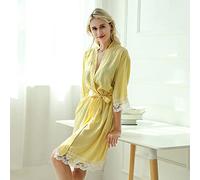 LUKX Chemises De Nuit Femme,Robe De Chambre en Coton Peignoir Dentelle Blanche Patchwork Jaune Kimono Sexy Robe Courte avec Ceinture Chemise De Nuit Col en V Mariée Exotique Déshabillé Vêtements De N