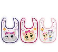 LULABI 44 GATTI GIRL - Lot de 3 bavoirs pour bébé, 100% coton doux avec impression 44 chats, paquet de bavoirs, velcro, hypoallergénique, réutilisable, unisexe, 19 x 17 cm - Multicolore