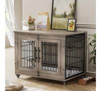 Lulive Meubles de cage pour chiens de taille moyenne, 81,3 cm, niche d'intérieur avec coussin et roulettes pour cage en bois, double porte, gris
