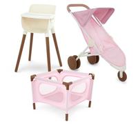 LullaBaby - Jeu d'éveil pour poupées - Ensemble d'accessoires pour poupée de 36 cm - Kit de Soins pour Les Nourrissons - Chaise Haute, Parc pour Enfants et Poussette Jogger - 2 Ans et +