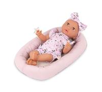 LullaBaby - Poupée bébé réaliste de 36 cm avec Coussin de Sol | Poupée bébé de 36 cm avec yeux bruns, corps souple, dormeuse florale, bandeau, sucette et coussin de sol, 2 ans et +