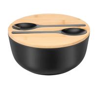 LuLobtg Saladier en bambou avec couvercle rainuré, récipient de service alimentaire en bois de 25 cm avec cuillère et fourchette pour fruits, pâtes, collations (noir)