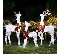 Lulu Home Décoration de cour de Noël, lot de 3 rennes blancs pré-éclairés avec 265 LED blanches, lumière 3D à paillettes pour Noël, intérieur et extérieur