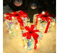 Lulu Home Lot de 3 boîtes de Noël lumineuses à 140 LED avec nœuds rouges - Boîtes de Noël lumineuses à brancher avec minuterie pour arbres de Noël, fêtes, décorations d'intérieur