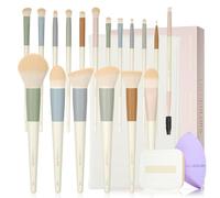 LULUCOLORS Colorful Series Lot de 18 pinceaux de maquillage avec poils synthétiques doux sans cruauté envers les animaux, manches en bois mat, 2 éponges de maquillage sans latex et sac de rangement de