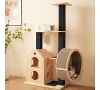 LULUWA Arbre à chat en bois massif avec roue 80 × 40 × 152 cm, arbre à chat avec 4 plateformes, 2 niches pour chat, poteaux en sisal et tapis griffoir lavable, roulette pour chat