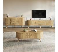 LULUWA Ensemble de salon 3 pièces de style japonais avec meuble TV bas buffet et table basse en forme de pois organique avec portes coulissantes aspect bois avec pieds en bois massif chêne naturel