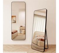 LULUWA Miroir pleine longueur, moderne, noir, avec bords arrondis, 45 x 155 cm, verre flotté incassable, pied en métal stable, cadre en plastique, pose libre ou montage mural