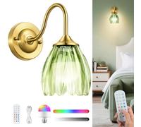 LumaBrite Applique murale vintage à piles - Applique murale d'intérieur rechargeable sans fil 8000 mAh avec télécommande, 12 RVB et 3 températures de couleur, abat-jour en verre vert