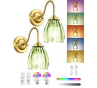LumaBrite Lot de 2 appliques murales vintage à piles rechargeables sans fil avec télécommande, 12 RVB et 3 températures de couleur, abat-jour en verre vert