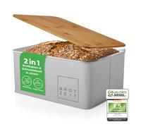 Lumaland Boîte à Pain Rectangulaire en Métal - Couvercle et Planche à Découper en Bambou de Haute Qualité - 30,5 x 23,5 x 14 cm - Gris Clair