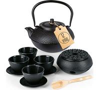 Lumaland Ensemble à thé 8 pièces - Théière en fonte Tetsubin de 1,4 litre - Chauffe-plat en fonte - 2 tasses à thé & 2 dessous de verre - Noir