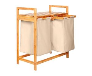 Lumaland Panier à linge en bambou avec 2 sacs à linge extensibles | Taille environ 73 cm de hauteur x 64 cm de largeur x 33 cm de profondeur, Couleur : Beige