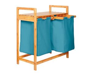Lumaland Panier à linge en bambou avec 2 sacs à linge extensibles | Taille environ 73 cm de hauteur x 64 cm de largeur x 33 cm de profondeur, Couleur : Bleu