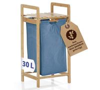 Lumaland Panier à linge en bambou | Panier à linge avec sac à linge extensible | Bambou renouvelable | Panier à linge étroit en bois avec étagère | Bac à linge sale bleu