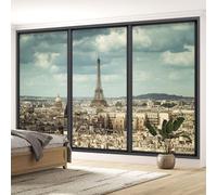 Lumalea - Papier peint panoramique Trompe l'oeil baie vitrée Paris tour eiffel - Largeur 260 cm x Hauteur 156 cm