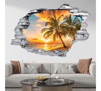 Lumalea Stickers Trompe l'oeil Trou dans Le Mur - Plage Palmiers 3617681161455 - Pierres Grises - Hauteur 60 x Largeur 90 cm
