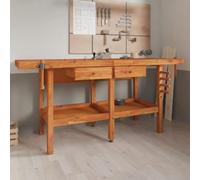 Lumanois Établi Bois Acacia Massif 184-192 x 54-62 x 83 cm avec 2 Étaux Frontal et Final, 2 Tiroirs et 1 Étagère, Plan de Travail 180 cm pour Atelier Garage Menuisier Bricolage, Brun