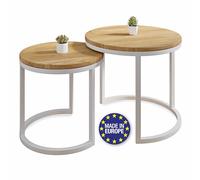 Lumarc Modena, Lot de 2 Tables Basses Gigognes en Bois Massif de Chêne Naturel et Acier, Fabriqué à la Main en Europe, Table d’Appoint, Bout de Canapé, Blanc, Ronde, Ø50x43 cm / Ø40x38 cm