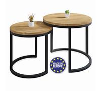 Lumarc Modena, Lot de 2 Tables Basses Gigognes en Bois Massif de Chêne Naturel et Acier, Fabriqué à la Main en Europe, Table d’Appoint, Bout de Canapé, Noir, Ronde, Ø50x43 cm / Ø40x38 cm