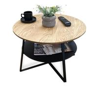Lumarc Roma, Table Basse en Bois Massif de Chêne Naturel et Acier avec Étagère, Fabriqué à la Main en Europe, Table d’Appoint, Bout de Canapé, Noir, Ronde, Ø60x40 cm