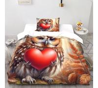 LumeNest Chouette cœur Housse De Couette 2 Pièces Animal Theme Wildlife Imprimé Parure De Lit Microfibre Adulte avec Fermeture Éclair 1 Taie d'oreiller Single(135x200cm)