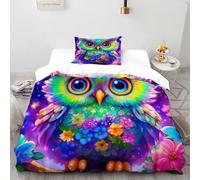 LumeNest Hibou Fleurs Housse De Couette Microfibre Parure De Lit Adulte Animal Theme Wildlife 2 Pièces Et Taie d'oreiller Single（135x200cm）