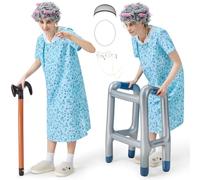 LumenVela Déguisement Vieille Dame, 8 Pièces Kit de Deguisement Grand Mere avec Canne, Cadre de Marche, Perruque, Lunettes, Ronde Collier Perle Kit de Deguisement Grand Mere pour Carnaval (Bleu, M)