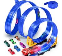 LumenVela Piste de Voiture, 5M Piste de Course Portable avec 6 Petites Voitures 1 Sac de Rangement 4 Rampe 4 Ventouse Circuit Voiture Flexible pour Enfant Jouet 3 4 5 6 Ans (Bleu)